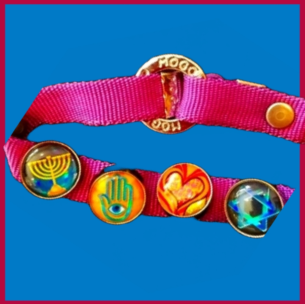 Mogo Purple, Blue & Pink Snap Charm Bracelet w/Star, Menorah Heart & Hand of God